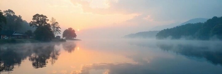 Serene waterfront scene at dawn, mist clinging to the calm water, reflecting the soft morning light on the tranquil surface Ideal for travel, nature, and serenity themes , sea, lake