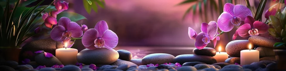 spa Background - purple orchids black stones and bamboo on water