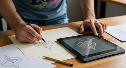 Person Creating Digital Sketch of Architectural Design on Tablet in Modern Workspace