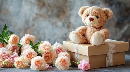 gift box flowers teddy bear