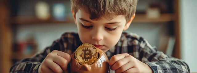 Boy holding a piggy bank and bitcoin