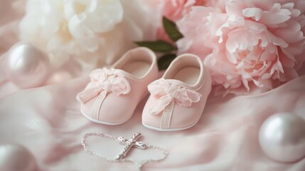 Baby baptism concept, baby girl baptism clothes, dress all in pink tones