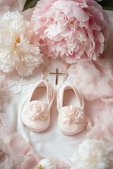Baby baptism concept, baby girl baptism clothes, dress all in pink tones