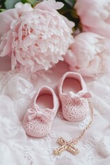 Baby baptism concept, baby girl baptism clothes, dress all in pink tones