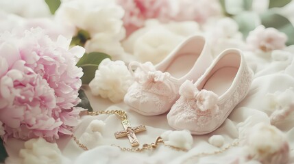 Baby baptism concept, baby girl baptism clothes, dress all in pink tones