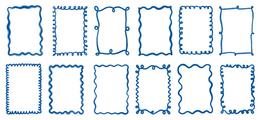 Blue wavy vector frames and borders for summer designs, Curvy doodle line borders for coastal and beach menu, poster, wedding graphics