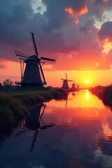 Vast Dutch horizon, windmills silhouetted against a dramatic sunset sky, reflecting in calm waters Perfect for travel, nature, and landscape projects , serene, horizon line