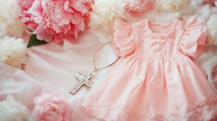 Baby baptism concept, baby girl baptism clothes, dress all in pink tones