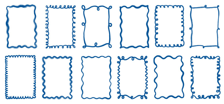 Blue wavy vector frames and borders for summer designs, Curvy doodle line borders for coastal and beach menu, poster, wedding graphics