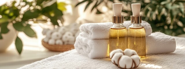 Cotton flowers on a white terry towel with copy space. Essential oil spa salon