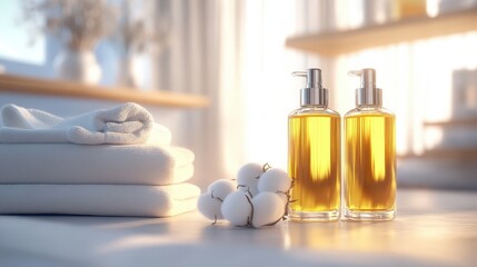 Cotton flowers on a white terry towel with copy space. Essential oil spa salon