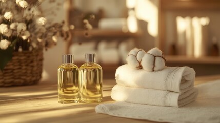 Cotton flowers on a white terry towel with copy space. Essential oil spa salon