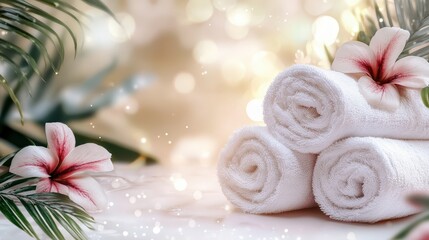 Spa composition. Rolled towel, cosmetics, stones, burning candles and plumeria flower