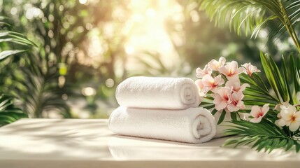 Spa composition. Rolled towel, cosmetics, stones, burning candles and plumeria flower