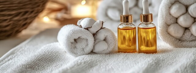 Cotton flowers on a white terry towel with copy space. Essential oil spa salon