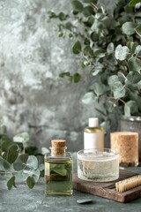 Aromatherapy. Essential oils, flowers, eucalyptus leaves, mortar