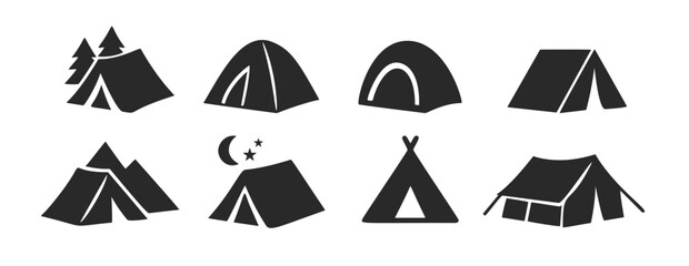 Tent camp vector silhouette black icon. Isolated tent outdoor military holiday camping vacation icon