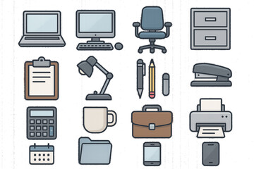 Flat Vector Office & Work Tools Icon Set