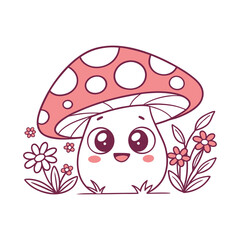 Cute cartoon mushroom character with flowers.