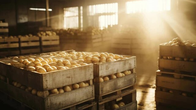 Fresh potatoes resting in wooden crates inside warehouse: storage and distribution center