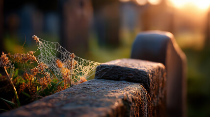 Fototapeta premium Misty graveyard sunrise with morning dew on cobwebs between tombstones, delicate and fragile theme, close-up macro photo