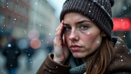 A woman outside in a cold snowfall looks to the side and holds her head with one hand from a headache