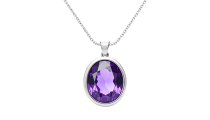 Elegant Amethyst Gemstone Pendant Necklace Silver Wire Wrapped Oval Gemstone isolated on solid white background  in Png format 