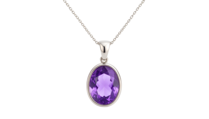 Elegant Amethyst Gemstone Pendant Necklace Silver Wire Wrapped Oval Gemstone isolated on solid white background  Png