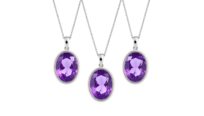 Elegant Amethyst Gemstone Pendant Necklace Silver Wire Wrapped Oval Gemstone isolated on solid white background  