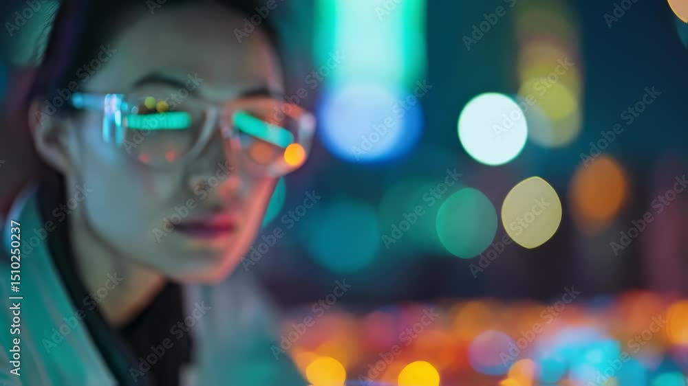 Poster illuminated mind: a scientist immersed in a vibrant world of technological innovation, delving into 