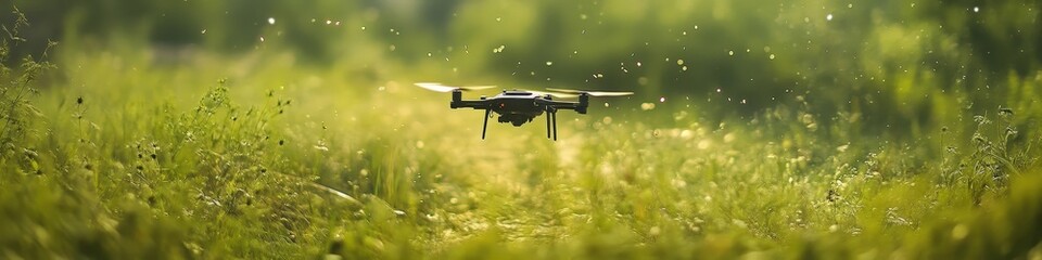 Drone with camera flying over the forest.