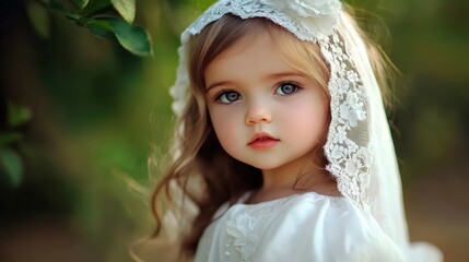 Cute little girl in a white dress in church for communion.