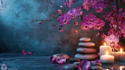 spa Background - purple orchids black stones and bamboo on water
