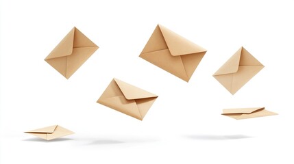 Several light beige envelopes float in mid-air against a white background
