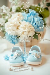 Concept of a child's baptism, baptism clothes, beautiful picture in blue tones