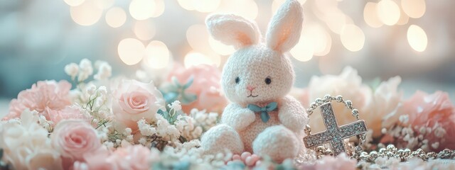 Concept of baby baptism, baptism, beautiful bunny with flowers and cross.