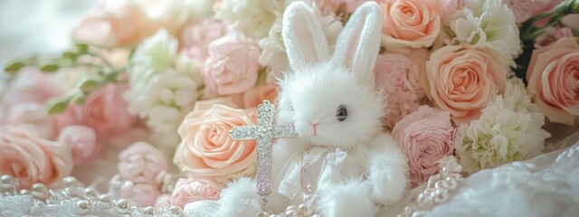 Concept of baby baptism, baptism, beautiful bunny with flowers and cross.