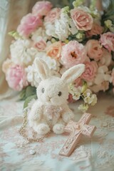 Concept of baby baptism, baptism, beautiful bunny with flowers and cross.
