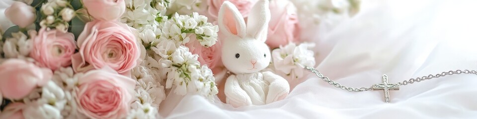 Concept of baby baptism, baptism, beautiful bunny with flowers and cross.
