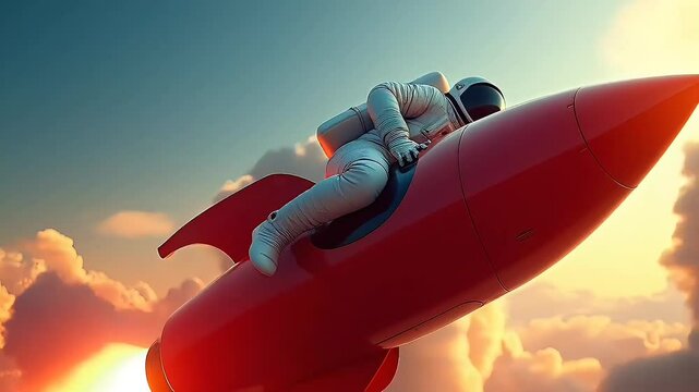 Astronaut rides cartoon rocket through colorful sky
