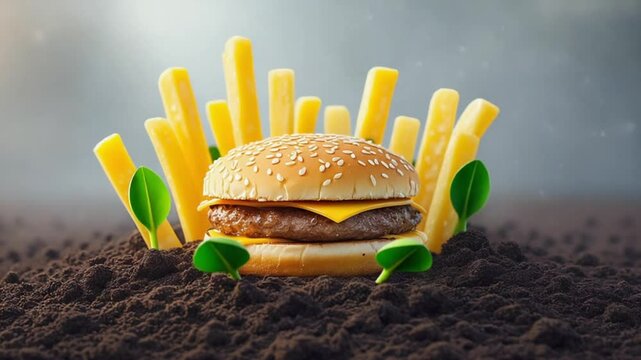 Surreal nature scene where a cheeseburger blooms earth flower, golden fries grow like plants around it, hyperreal macro lens, soft morning light, time-lapse style, magical realism
