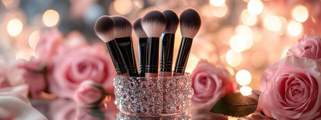 Beautiful Elegant makeup brushes in a beautiful glass with stones.