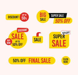 Golden satin ribbon tag. Gold textile label for sale promotion text. Discount and special offer badge