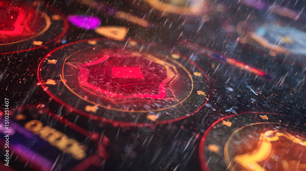 Poster neon rain on digital surface: a mesmerizing digital display pulsates with vibrant neon lights, illum