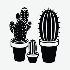 Three stylized cacti in pots, perfect for home decor.