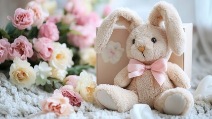 beautiful gift box and flowers and a soft bunny.gift
