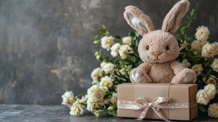 beautiful gift box and flowers and a soft bunny.gift