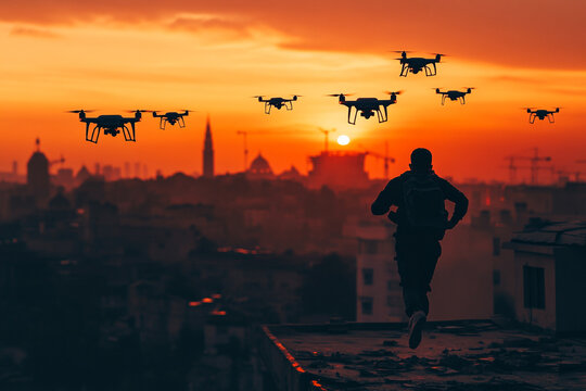 Silhouette of a man running across a rooftop