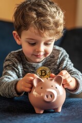Boy holding a piggy bank and bitcoin