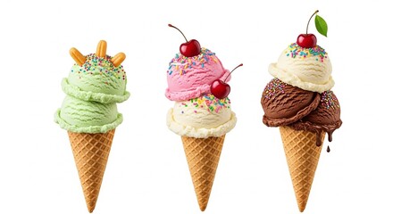 Variety of Colorful Ice Cream Cones Arranged Aesthetically on White Background – Summer Branding Concept

